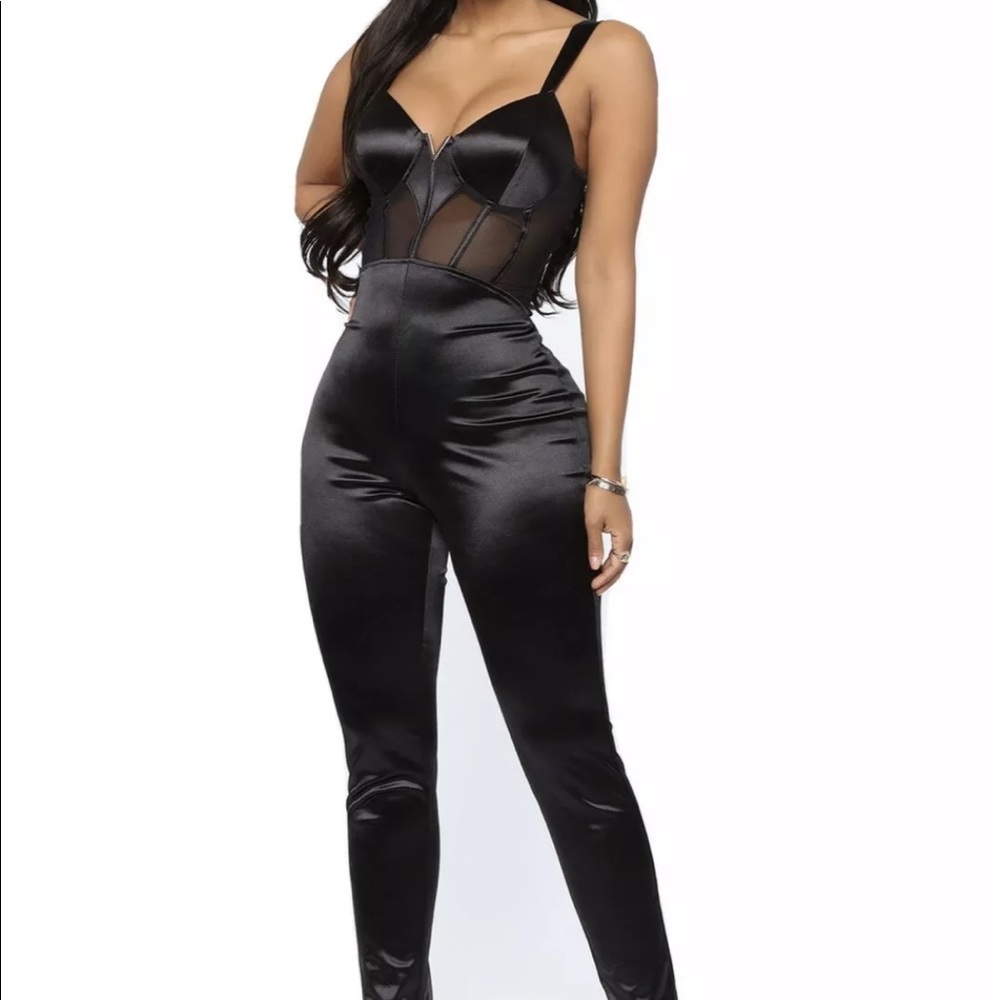 Fashion nova black satin jumpsuit xs